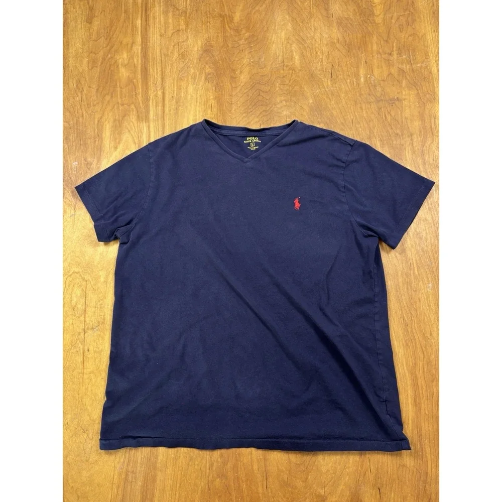 Mens Polo Ralph Lauren V Neck Short Sleeve Tee‎ Shirt Blue Red Horse Size L